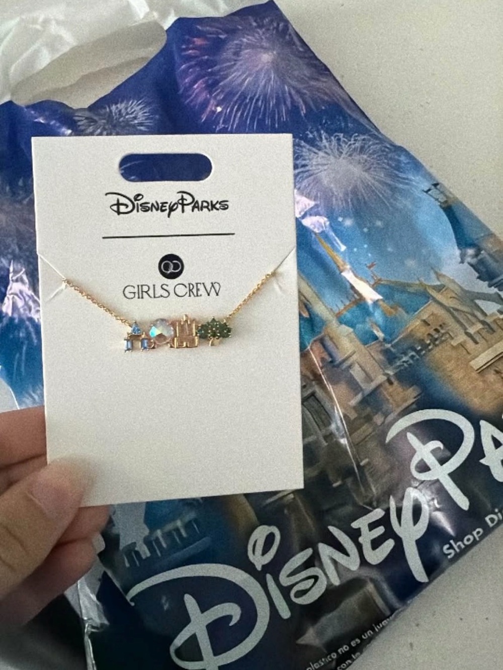 Disney Parks Girls Crew Gold Charm Necklace with Blue and Green Accents